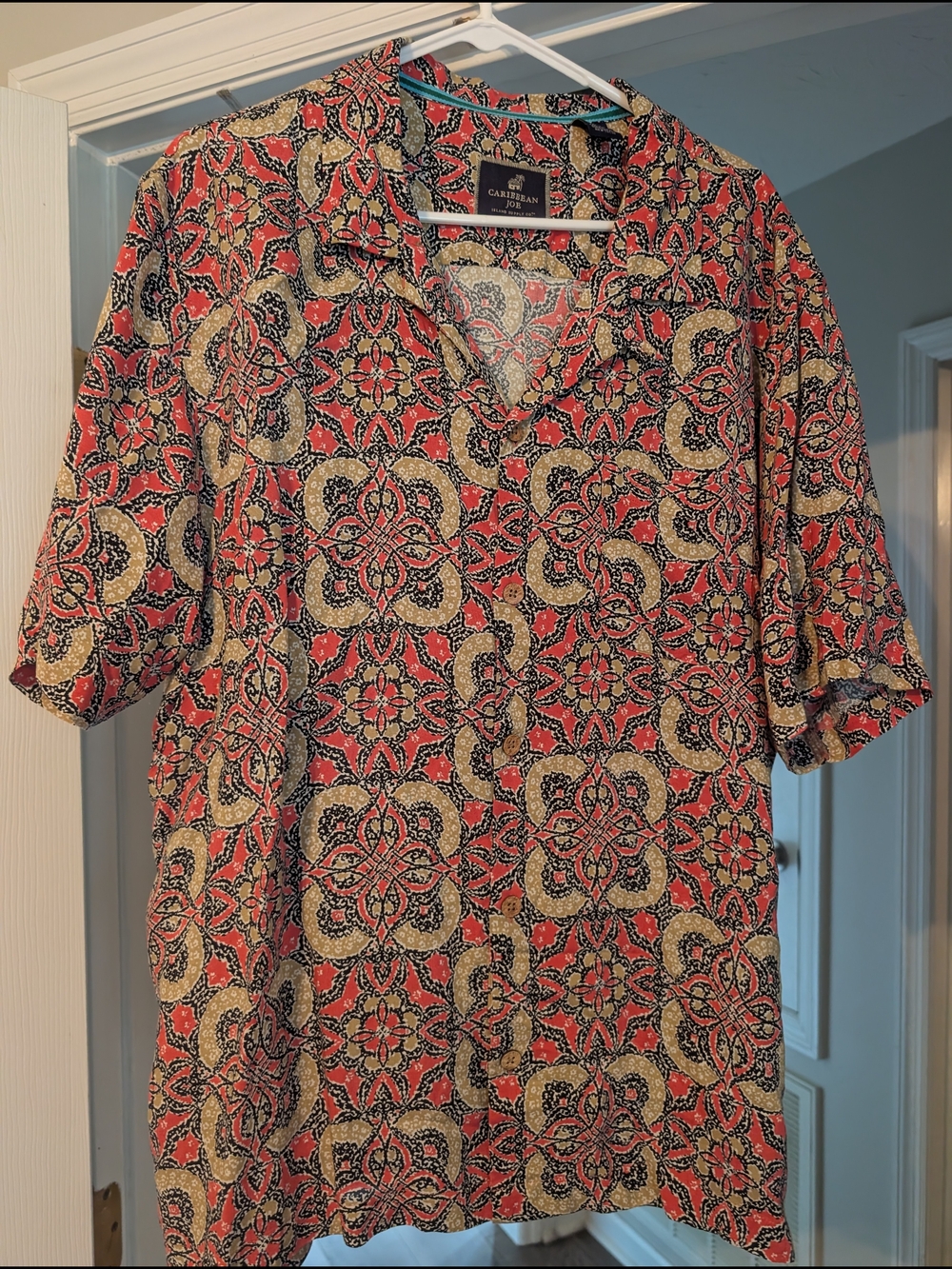 Caribbean Joe Red and Tan Patterned Short-Sleeve Midi Dress